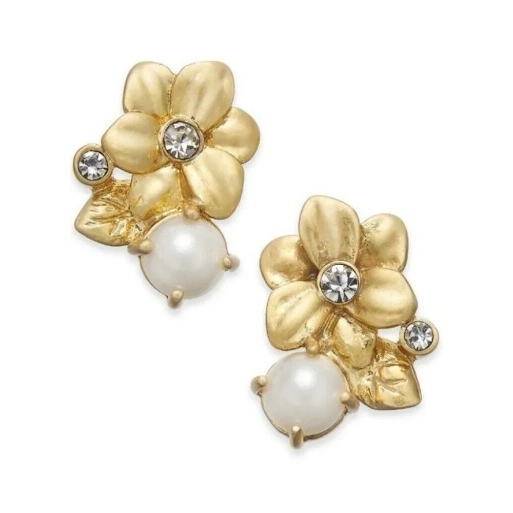 Kate Spade Wild Garden Gold Flower & Pearl Stud Earrings With Crystal‎ Accents